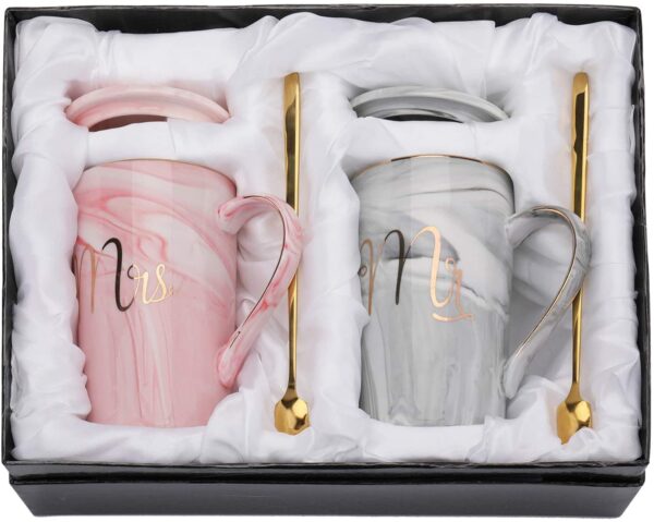 Ceramic Marble Finish Coffee Mug With Lid & Spoon For Anniversary Wedding Engagement Valentine Gifts For Couple 380 ML