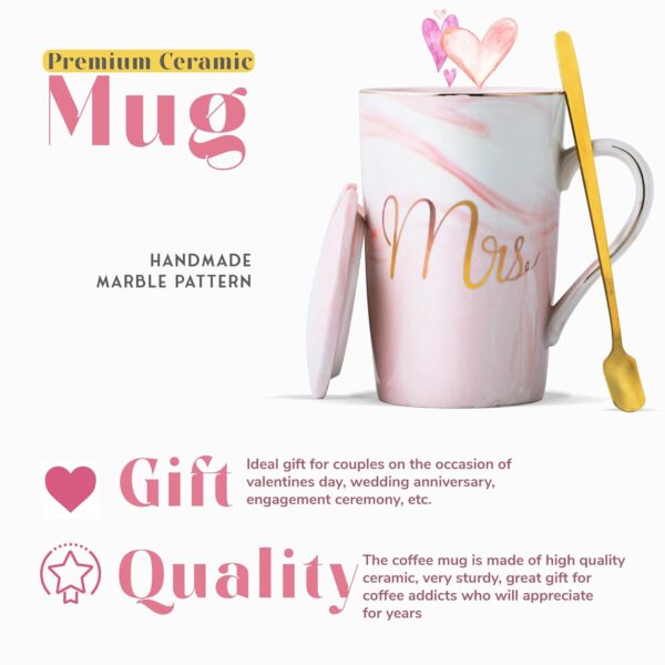 Ceramic Marble Finish Coffee Mug With Lid & Spoon For Anniversary Wedding Engagement Valentine Gifts For Couple 380 ML - Image 2