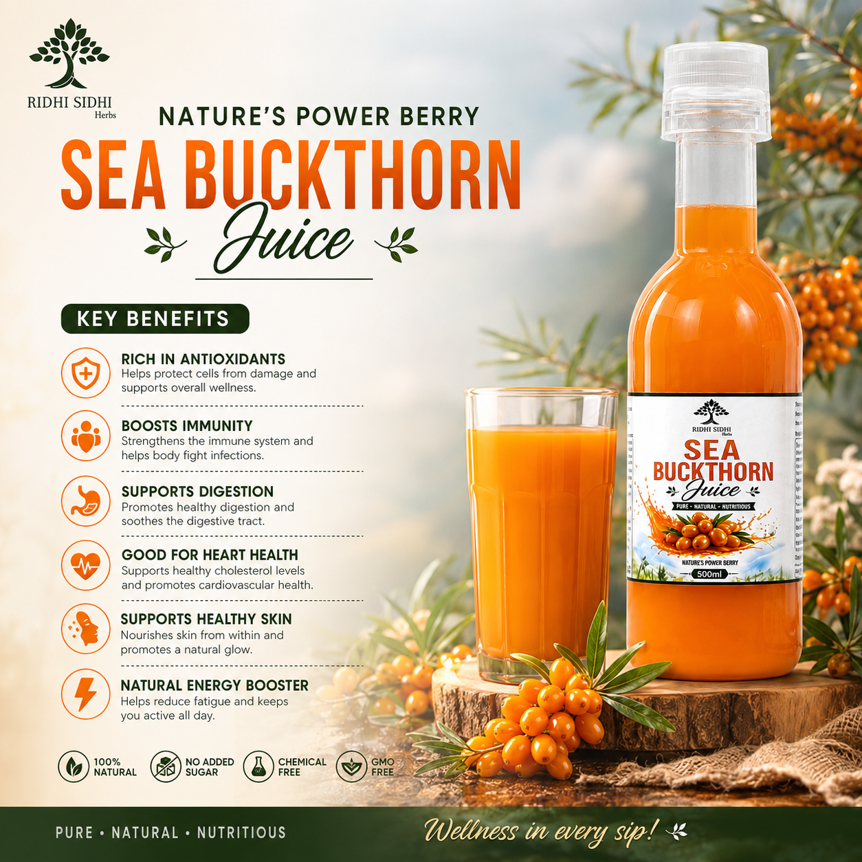 Ridhi Sidhi Herbs Sea Buckthorn Juice 500ml | Pure Natural Sea Buckthorn Berry Juice | Daily Wellness Drink | Antioxidant Rich Fruit Juice - Image 3